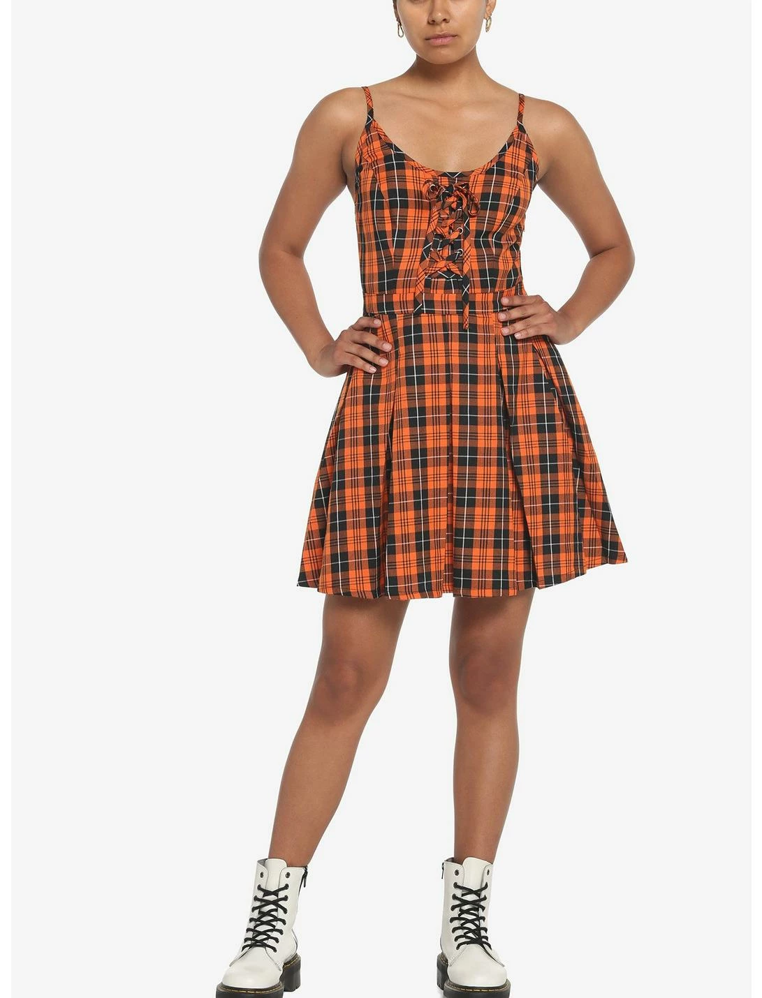 HUNIVERS Black & Orange Plaid Pleated Lace-Up Dress 2 HUNIVERS Black & Orange Plaid Pleated Lace-Up Dress - Image 2