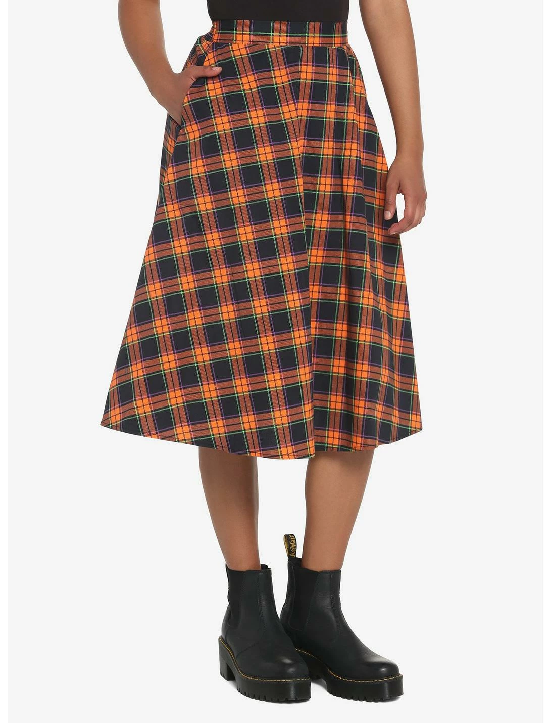 HUNIVERS Orange & Black Plaid Retro Midi Skirt 1 HUNIVERS Orange & Black Plaid Retro Midi Skirt