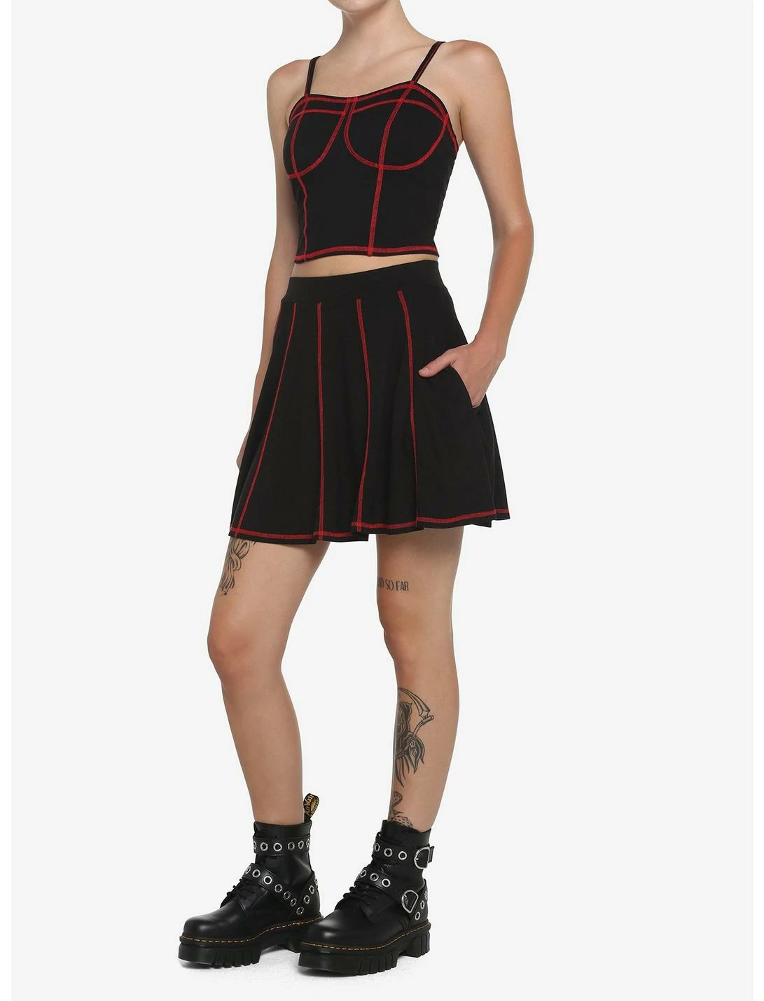 HUNIVERS Black & Red Contrast Stitch Skirt 2 HUNIVERS Black & Red Contrast Stitch Skirt - Image 2