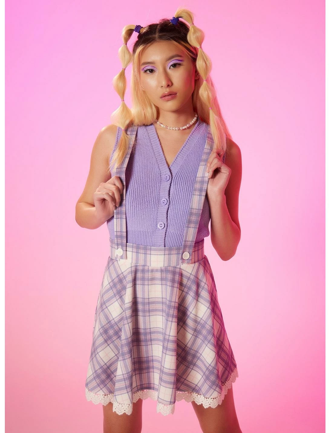 HUNIVERS Pink & Purple Plaid Lace Suspender Skirt 1 HUNIVERS Pink & Purple Plaid Lace Suspender Skirt