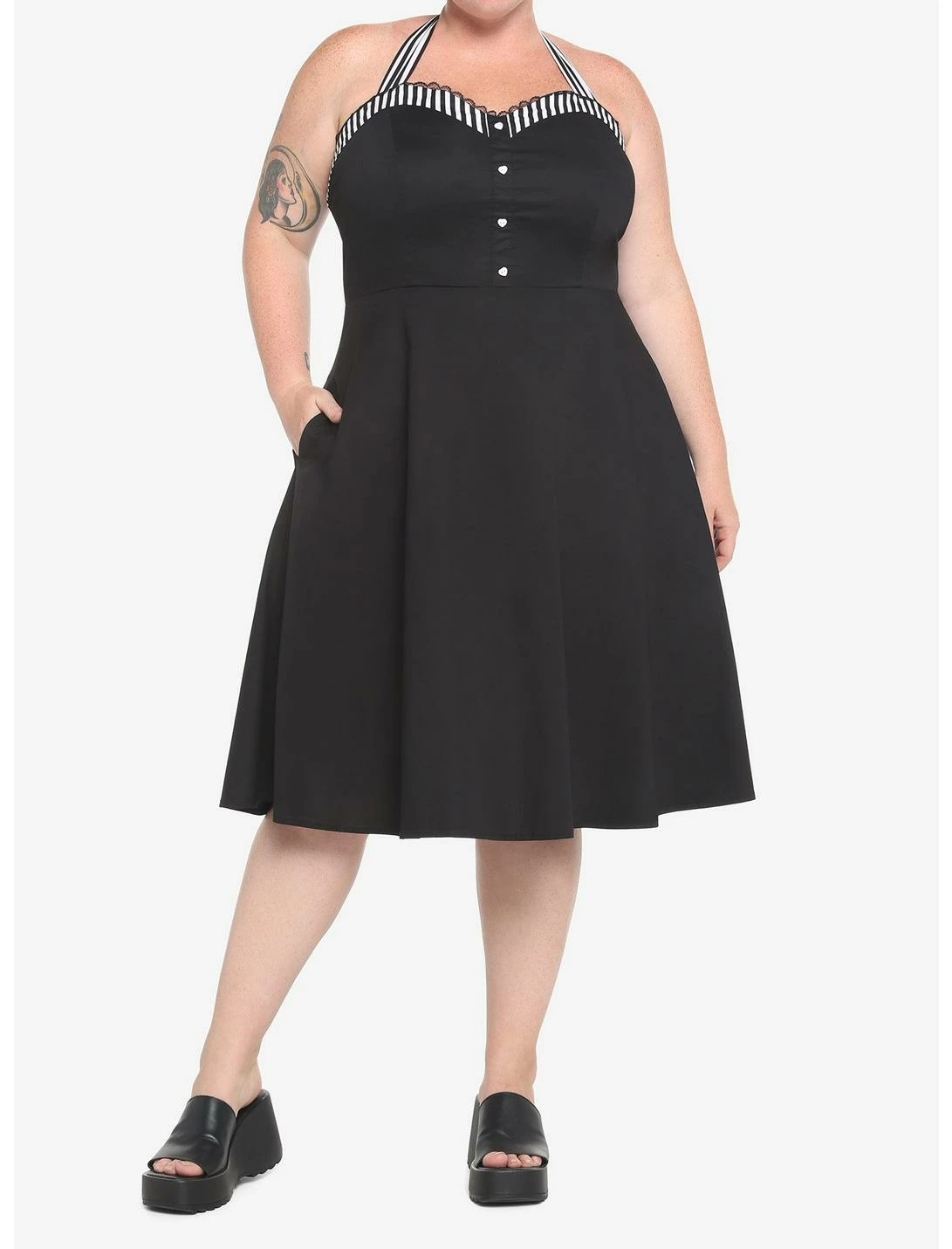 HUNIVERS Black & White Stripe Retro Halter Dress Plus Size 2 HUNIVERS Black & White Stripe Retro Halter Dress Plus Size - Image 2