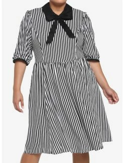 HUNIVERS Black & White Stripe Bow Retro Dress Plus Size