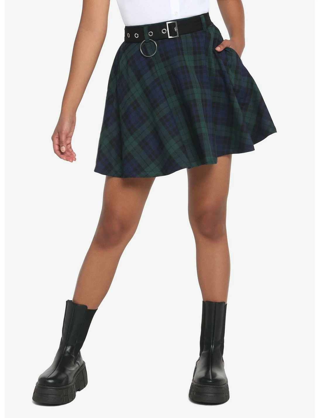 HUNIVERS Green & Blue Plaid Skirt With Grommet Belt 1 HUNIVERS Green & Blue Plaid Skirt With Grommet Belt