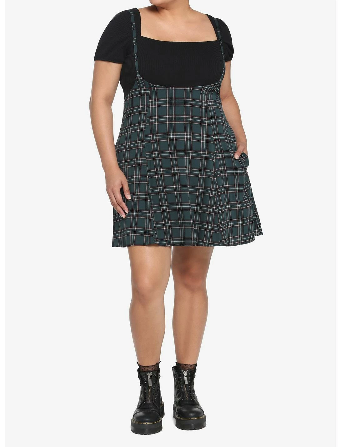HUNIVERS Green Plaid High-Waisted Suspender Skirt Plus Size 2 HUNIVERS Green Plaid High-Waisted Suspender Skirt Plus Size - Image 2
