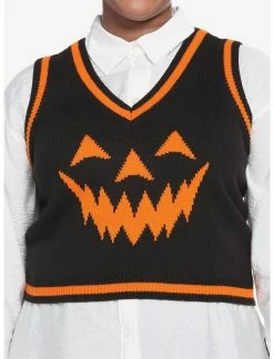 HUNIVERS Black & Orange Pumpkin Sweater Vest Plus Size