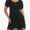 HUNIVERS Black Flocked Bats Babydoll Dress