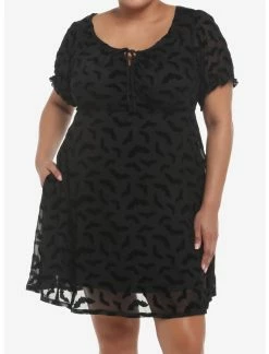 HUNIVERS Black Flocked Bats Babydoll Dress Plus Size