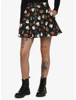 HUNIVERS Pumpkin Ghost & Web Zipper Skirt
