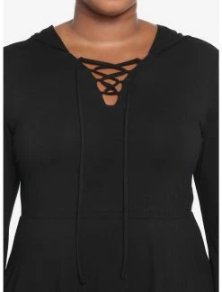 HUNIVERS Black Lace-Up Front Hooded Dress Plus Size -Dresses Online Store 18780555 av3
