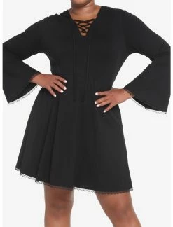 HUNIVERS Black Lace-Up Front Hooded Dress Plus Size -Dresses Online Store 18780555 av5
