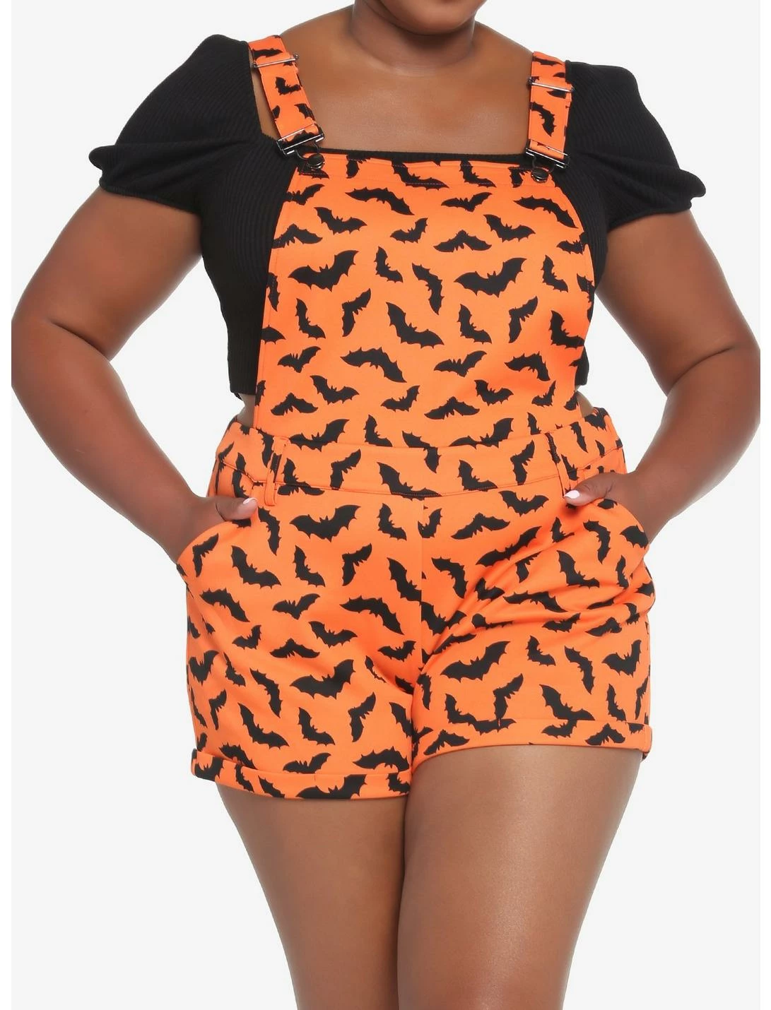 HUNIVERS Orange & Black Bat Shortalls Plus Size 6 HUNIVERS Orange & Black Bat Shortalls Plus Size - Image 6