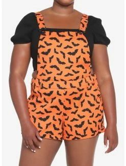 HUNIVERS Orange & Black Bat Shortalls Plus Size