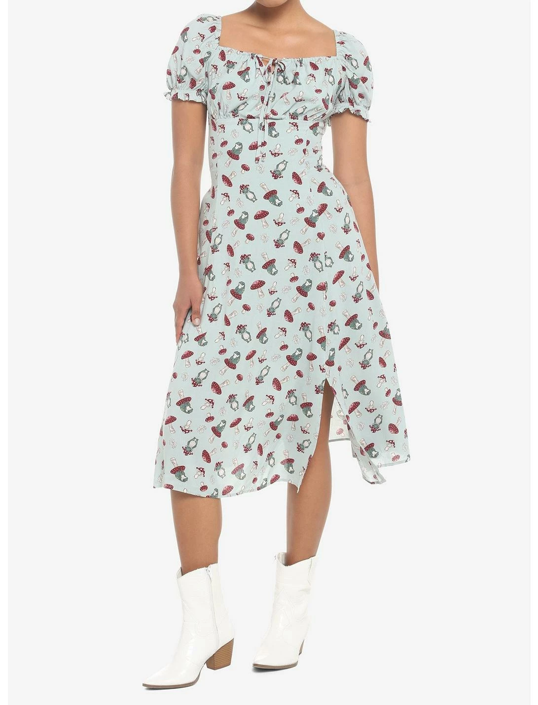 HUNIVERS Frog Mushroom Sage Green Empire Midi Dress 2 HUNIVERS Frog Mushroom Sage Green Empire Midi Dress - Image 2