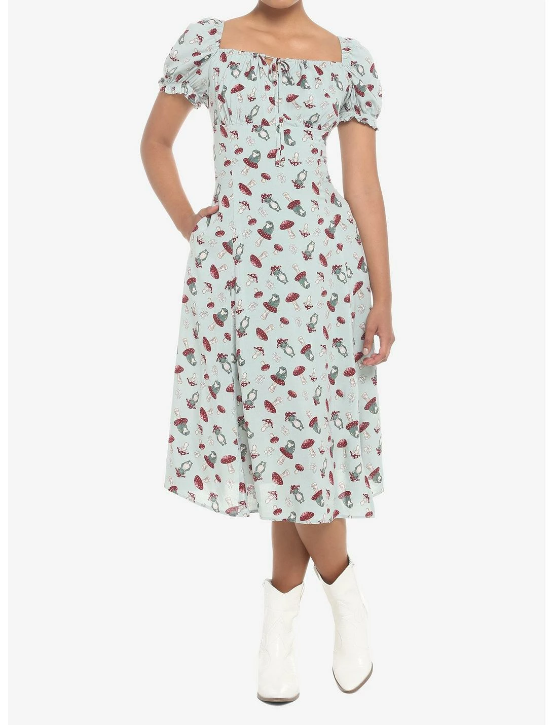 HUNIVERS Frog Mushroom Sage Green Empire Midi Dress 1 HUNIVERS Frog Mushroom Sage Green Empire Midi Dress