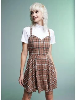 HUNIVERS Brown Plaid Twofer Dress
