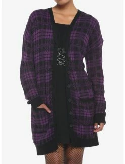 HUNIVERS Purple & Black Plaid Oversized Cardigan