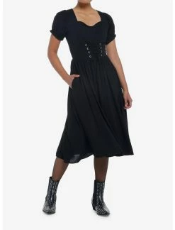 Null Black Puff Sleeve Corset Midi Dress