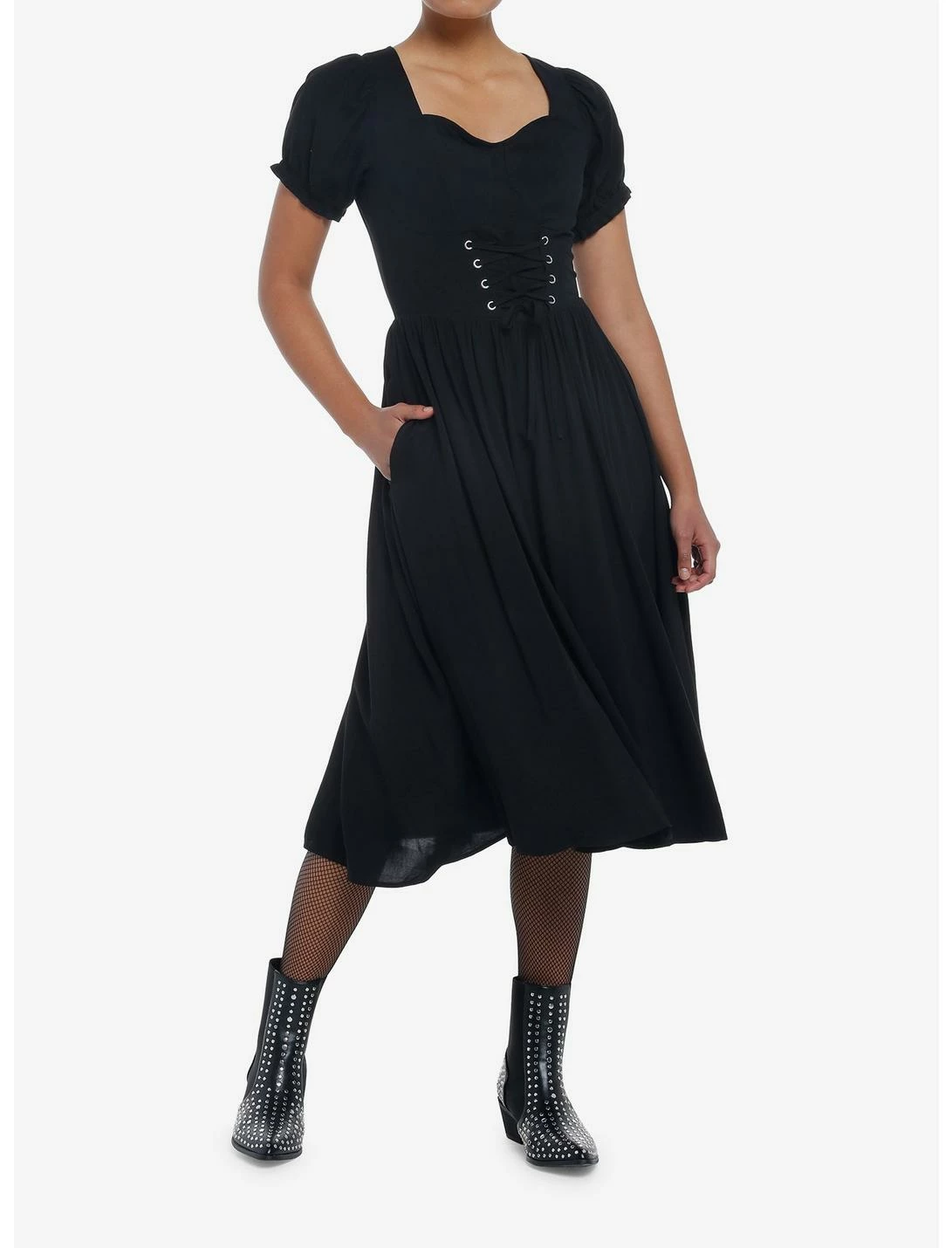 Null Black Puff Sleeve Corset Midi Dress 1 Null Black Puff Sleeve Corset Midi Dress