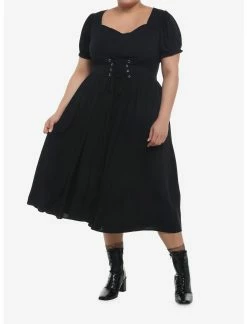 Null Black Puff Sleeve Corset Midi Dress Plus Size