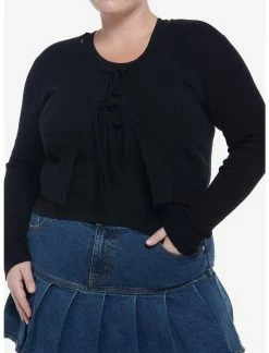 Null Black Double Tie-Front Girls Crop Cardigan Plus Size