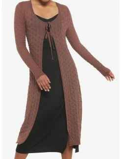 Null Brown Textured Tie-Front Duster