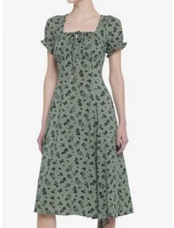 Null Green Butterfly Mushroom Empire Midi Dress